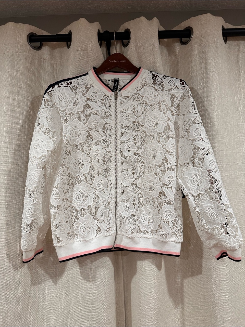 Design Lab White Lace Bomber Jacket with Pink & Black Trim